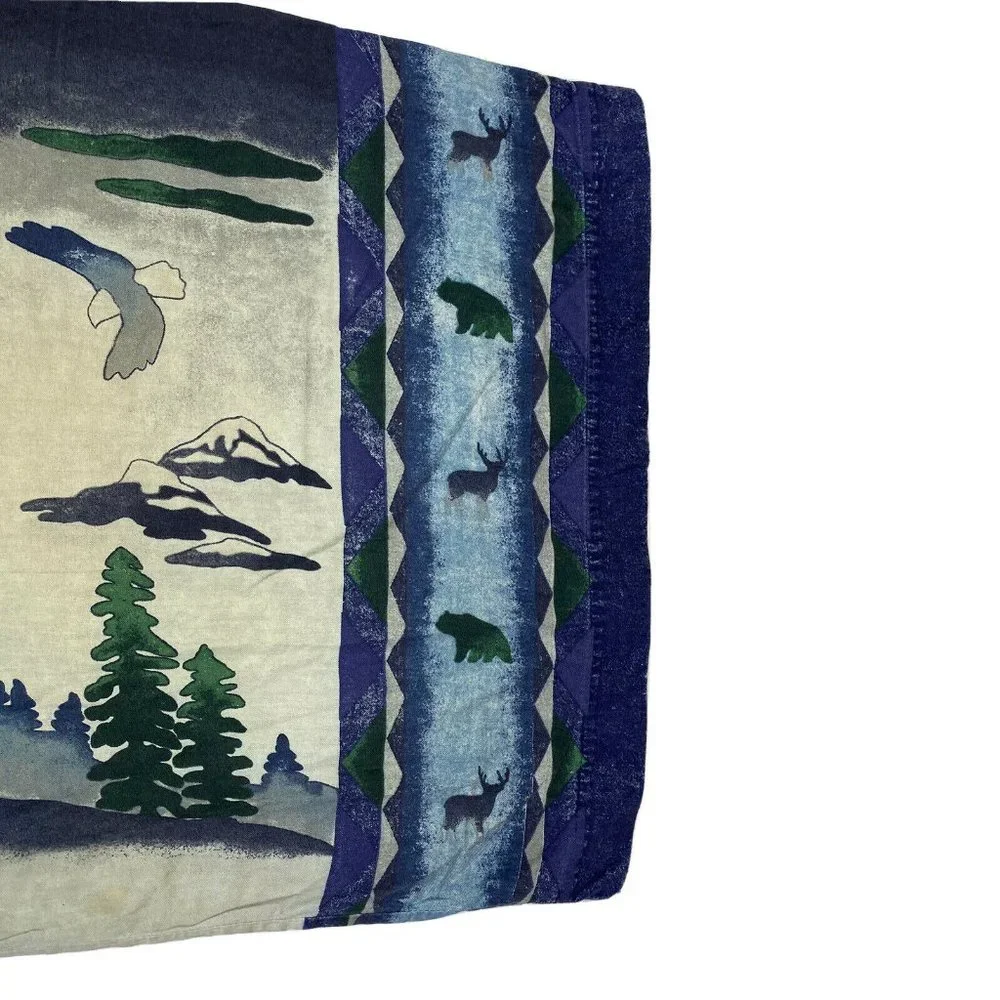 2 Vintage 1970s Lodge Log Cabin Pillowcases Flannel Deer Hunting Shams Retro